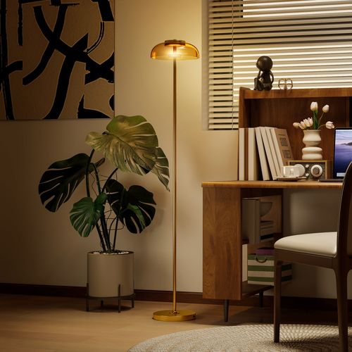 Lampadaire Sur Pied LED Style Vintage Métal Doré Verre Fumé Lumière Chaude 3000k