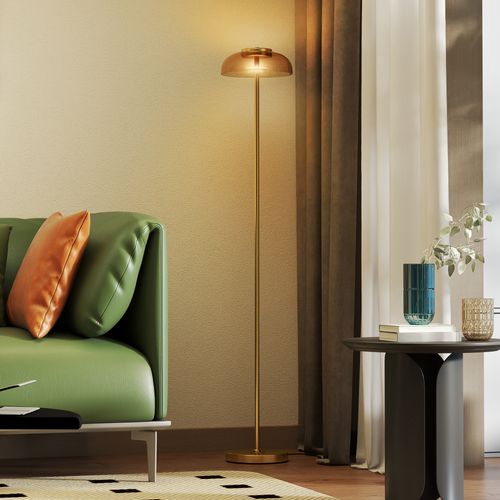 Lampadaire Sur Pied LED Style Vintage Métal Doré Verre Fumé Lumière Chaude 3000k