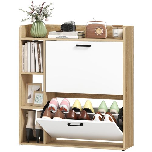 Meuble à Chaussures 2 Portes Étagères 4 Niches Blanc Naturel