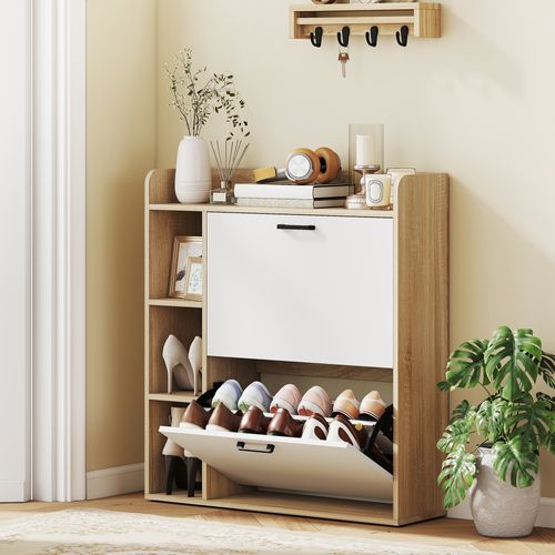 Meuble à Chaussures 2 Portes Étagères 4 Niches Blanc Naturel