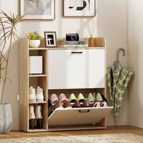 Meuble à Chaussures 2 Portes Étagères 4 Niches Blanc Naturel