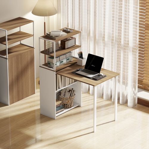 Bureau Bibliothèque 2 En 1 Pliable Acier Blanc Effet Bois Naturel