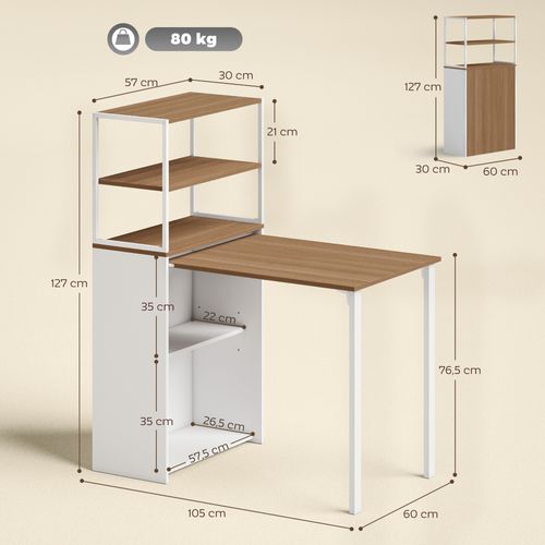 Bureau Bibliothèque 2 En 1 Pliable Acier Blanc Effet Bois Naturel