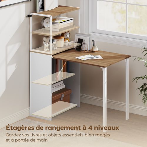 Bureau Bibliothèque 2 En 1 Pliable Acier Blanc Effet Bois Naturel
