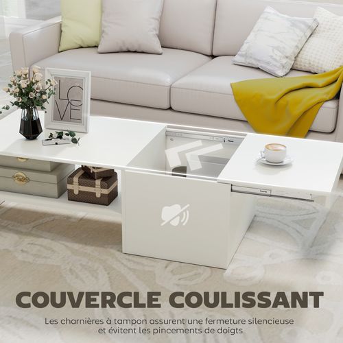 Table Basse Rectangulaire Plateau Coulissant Coffre Étagère Blanc