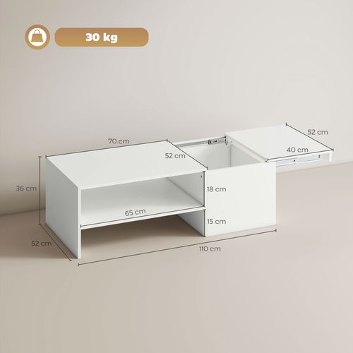 Table Basse Rectangulaire Plateau Coulissant Coffre Étagère Blanc