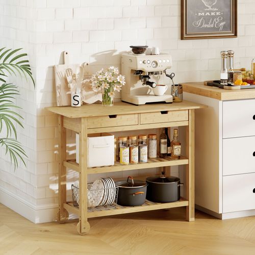 Desserte Style Cosy Naturel Bois Bambou Verni 2 Roues Tiroirs Étagères