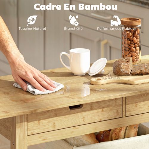 Desserte Style Cosy Naturel Bois Bambou Verni 2 Roues Tiroirs Étagères