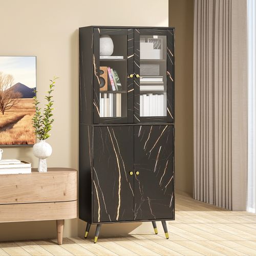 Vitrine Design Effet Marbre Noir 2 + 2 Portes Vitrées 6 Étagères 70 X 35 X 170 Cm