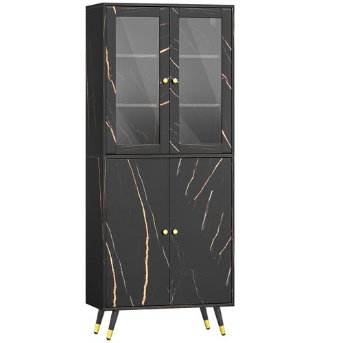 Vitrine Design Effet Marbre Noir 2 + 2 Portes Vitrées 6 Étagères 70 X 35 X 170 Cm