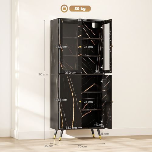 Vitrine Design Effet Marbre Noir 2 + 2 Portes Vitrées 6 Étagères 70 X 35 X 170 Cm