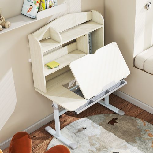 Bureau Enfant Multi-rangement Hauteur Réglable Acier Blanc Effet Bois Clair