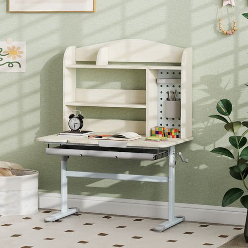 Bureau Enfant Multi-rangement Hauteur Réglable Acier Blanc Effet Bois Clair