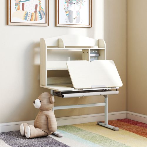 Bureau Enfant Multi-rangement Hauteur Réglable Acier Blanc Effet Bois Clair