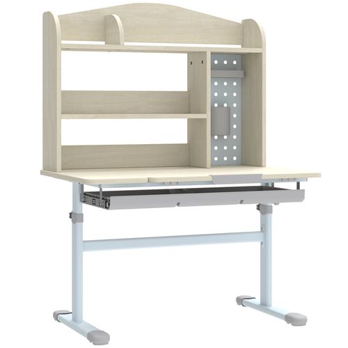 Bureau Enfant Multi-rangement Hauteur Réglable Acier Blanc Effet Bois Clair