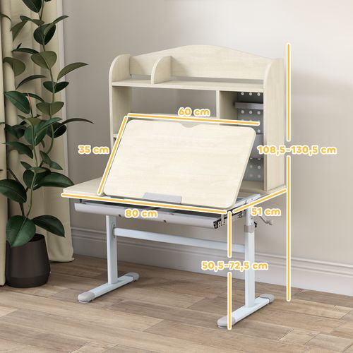 Bureau Enfant Multi-rangement Hauteur Réglable Acier Blanc Effet Bois Clair
