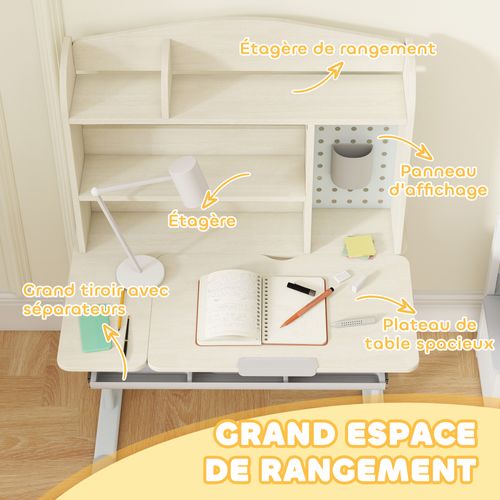 Bureau Enfant Multi-rangement Hauteur Réglable Acier Blanc Effet Bois Clair