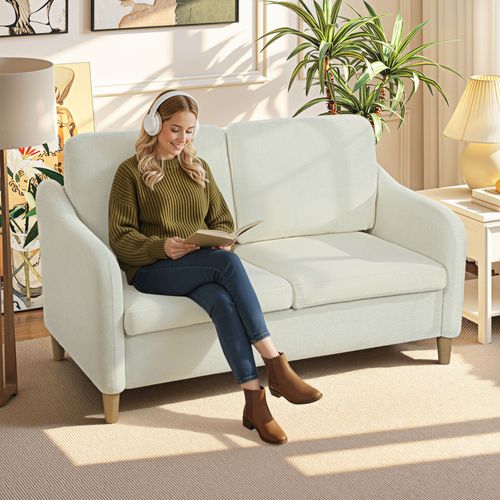 Canapé 2 Places Style Nordique Bouclette Crème Piètement Effilé Bois