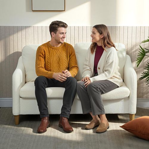 Canapé 2 Places Style Nordique Bouclette Crème Piètement Effilé Bois