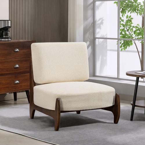 Fauteuil Lounge Design Bois Hévéa Foncé Tissu Beige Clair