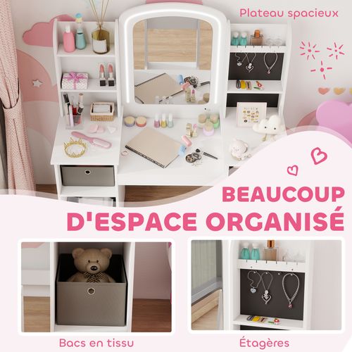 Ensemble Coiffeuse Enfant Chaise Et Miroir LED Paniers Gris Blanc