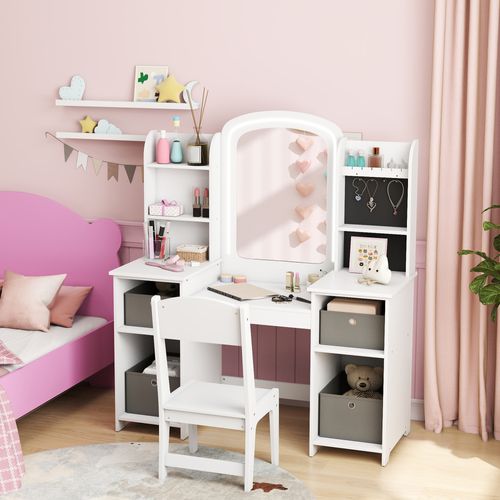 Ensemble Coiffeuse Enfant Chaise Et Miroir LED Paniers Gris Blanc
