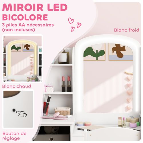 Ensemble Coiffeuse Enfant Chaise Et Miroir LED Paniers Gris Blanc
