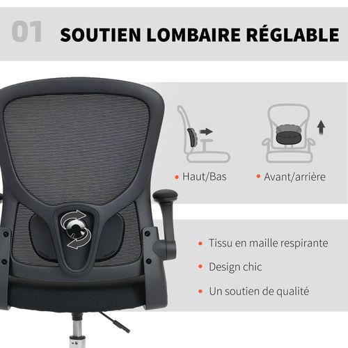 Chaise Bureau Ergonomique Assise Haute Réglable Accoudoirs Relevables Noir
