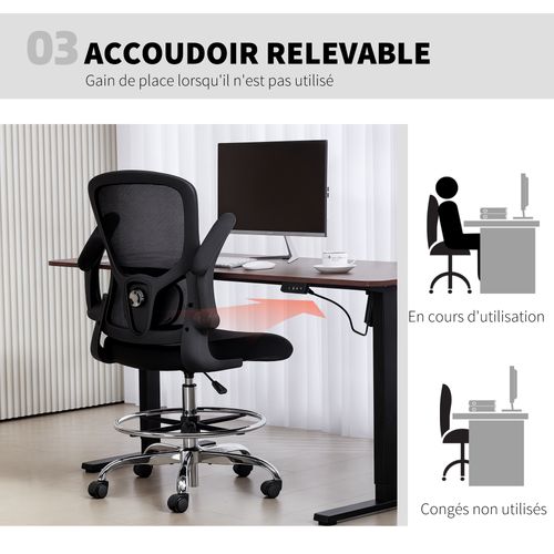Chaise Bureau Ergonomique Assise Haute Réglable Accoudoirs Relevables Noir