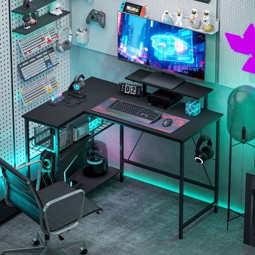 Bureau Gaming D'angle Réversible Multi-rangement Texture Fibre Carbone Noir