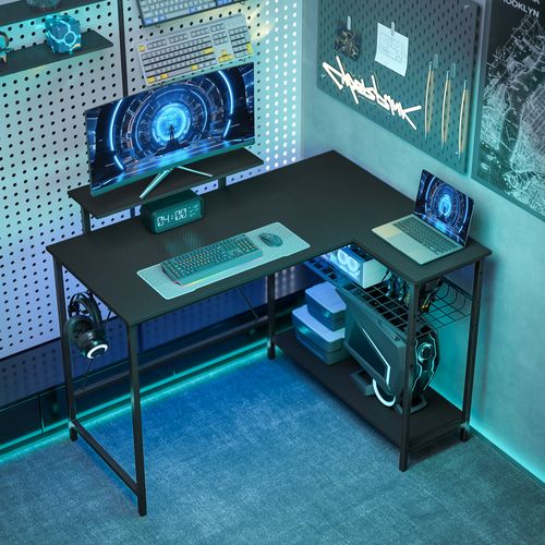 Bureau Gaming D'angle Réversible Multi-rangement Texture Fibre Carbone Noir