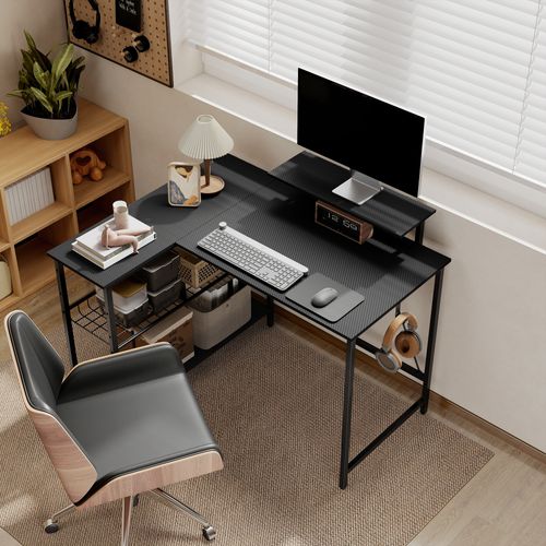 Bureau Gaming D'angle Réversible Multi-rangement Texture Fibre Carbone Noir