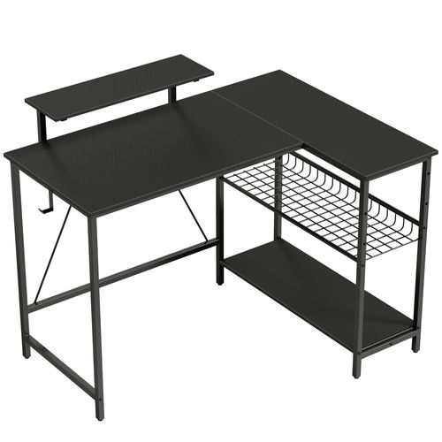 Bureau Gaming D'angle Réversible Multi-rangement Texture Fibre Carbone Noir