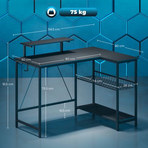 Bureau Gaming D'angle Réversible Multi-rangement Texture Fibre Carbone Noir