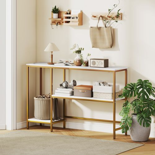 Console Design Style Art Déco Acier Doré Effet Marbre Blanc