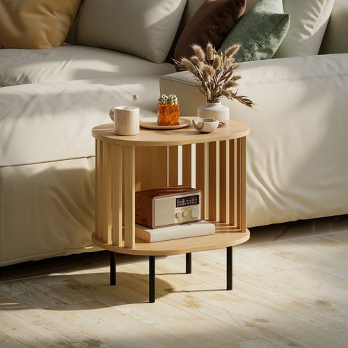 Bout De Canapé Design Ovale à Lattes Effet Bois Clair Acier Noir