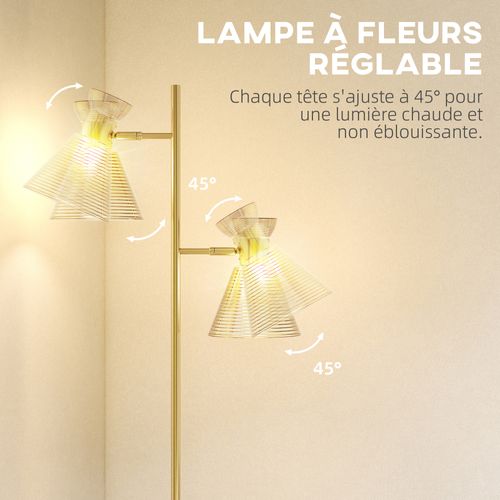 Lampadaire Sur Pied Design H.165cm Double Tête Réglable Verre Conique Métal Doré