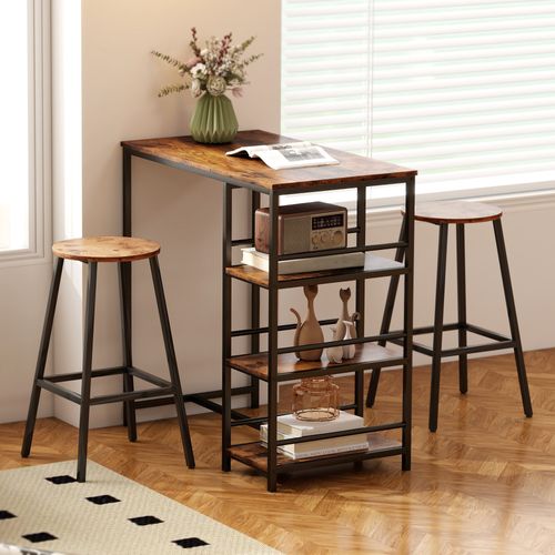 Table De Bar Style Industriel 3 Étagères 90 X 50 X 90 Cm Acier Noir Effet Bois Vieilli