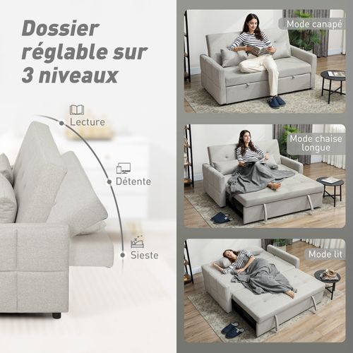 Canapé Convertible 2 Places Dossier Inclinable 2 Coussins Tissu Gris