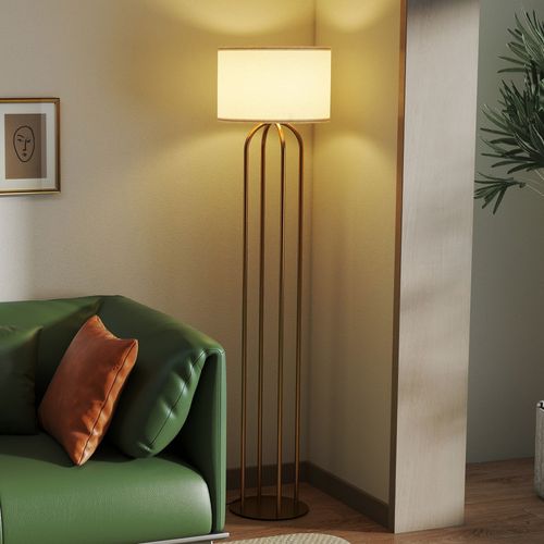 Lampadaire Design Métal Doré 4 Pieds Abat-jour Lin Beige Dia. 38 X H.161 Cm