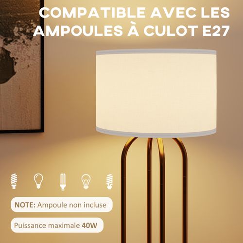 Lampadaire Design Métal Doré 4 Pieds Abat-jour Lin Beige Dia. 38 X H.161 Cm