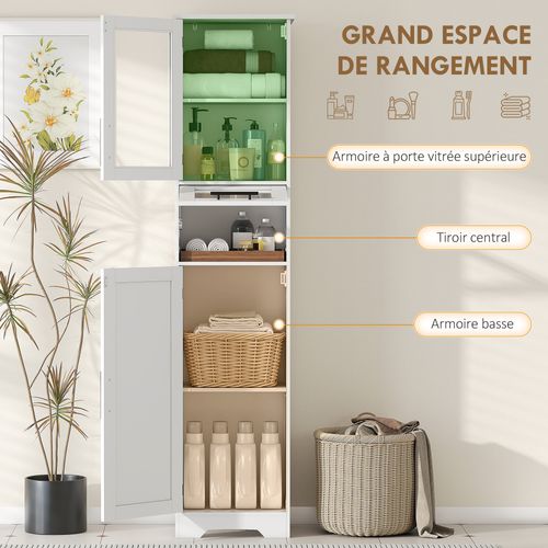 Colonne Salle De Bain Porte Vitrée Tiroir 2 Placards Blanc