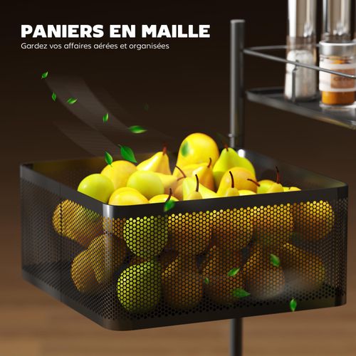 Resserre De Cuisine Mobile 4 Paniers Rotatifs Et Plateau Métal Noir