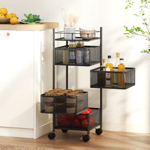 Resserre De Cuisine Mobile 4 Paniers Rotatifs Et Plateau Métal Noir