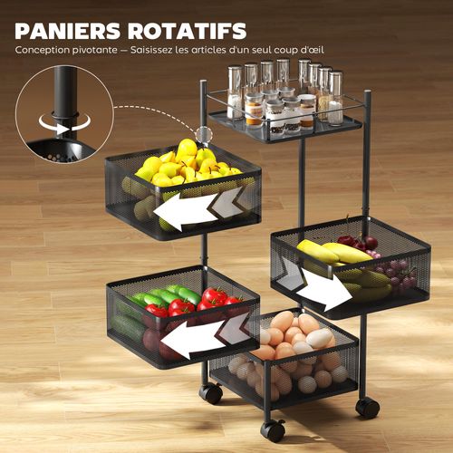 Resserre De Cuisine Mobile 4 Paniers Rotatifs Et Plateau Métal Noir