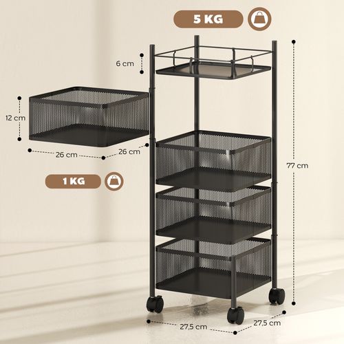 Resserre De Cuisine Mobile 4 Paniers Rotatifs Et Plateau Métal Noir