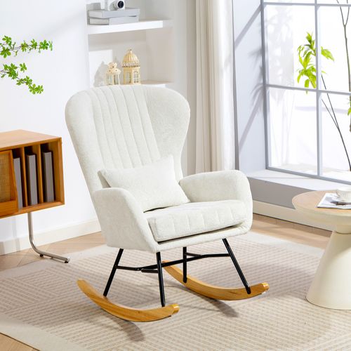 Fauteuil à Bascule Style Nordique Bois Acier Noir Bouclette Blanc