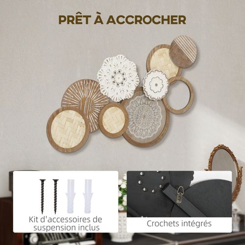 Décoration Murale Bois Naturel 7 Disques 2 Fleurs - Ibiz