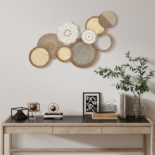 Décoration Murale Bois Naturel 7 Disques 2 Fleurs - Ibiz