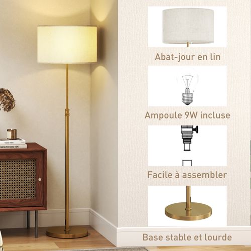 Lampadaire Style Néo-rétro Métal Doré Abat Jour Lin Beige H.133-168 Cm Réglable